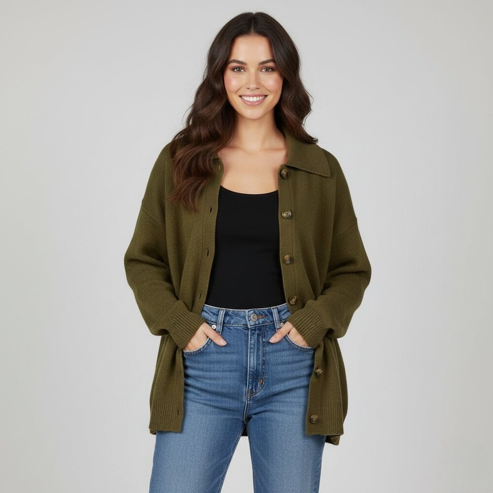 Eloquii Elements Women's Plus Size Chunky Green Button Cardigan